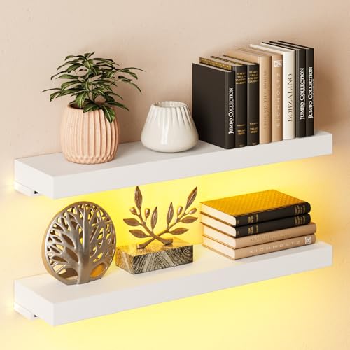 BAMEOS Floating Shelves with LED for Wall Decor, Sturdy Shelves with Warm Light, Wall Mounted Display Shelves, Set of 2, Hanging Shelf for Bathroom, Bedroom, Kitchen, Living Room Storage, White - color: White-cob, size: 24 x 6