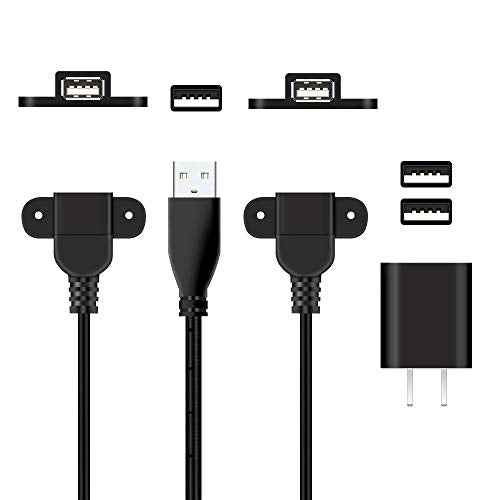 QiCheng&LYS USB 2.0 Male to Dual Female Charging Extension Cable, Furniture nightstand Sofa Electric Vehicle on-Board Charging Port, Panel Mount Cable with Screw Hole 5ft (2 pcs and Adapter) - color: 2 pcs Dual Female with Adapter