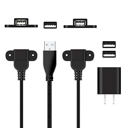 QiCheng&LYS USB 2.0 Male to Dual Female Charging Extension Cable, Furniture nightstand Sofa Electric Vehicle on-Board Charging Port, Panel Mount Cable with Screw Hole 5ft (2 pcs and Adapter) - color: 2 pcs Dual Female with Adapter