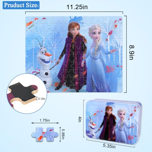 Puzzles for Kids Ages 4-8,Kids Puzzls in a Metal Box,Winter Princess Snowman Small Puzzes,Kid Boys Girls Learning Educational Puzles Packed in Tin Box,100 Pieces - color: Blue100