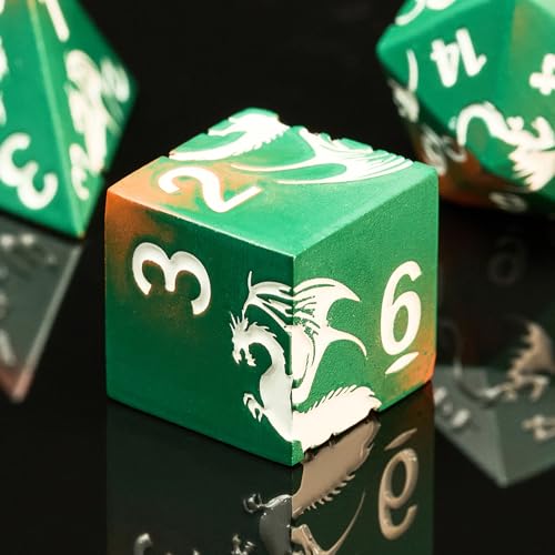 Dragon Theme Metal Dice Set,HNCCESG 7PCS Solid Zinc Alloy Polyhedral Dice with Magnetic Gift Box,Fantasy Role Playing Dice for DND Gifts (Green Orange Silver) - color: Green Orange Sliver Dragon