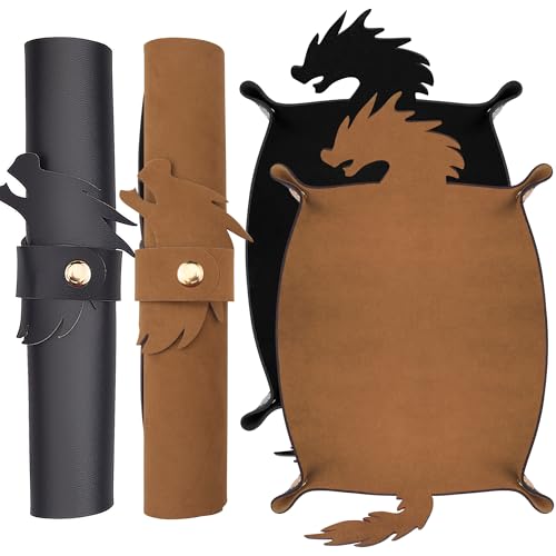 SIQUK 2 Pieces Dragon Dice Rolling Tray PU Leather Dice Mat Folding Scroll Dices Holder for D&D RPG Games (Camel, Black) - color: Camel, Black