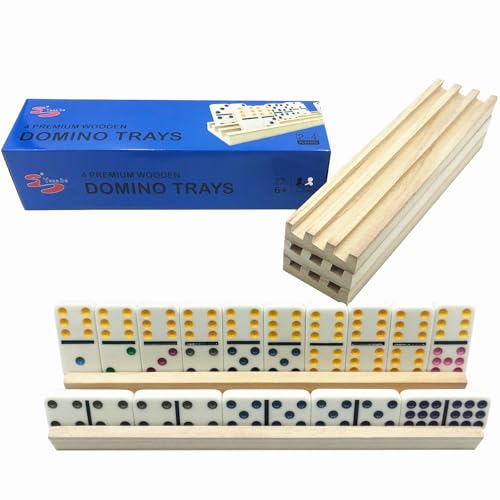 Yuanhe Domino Trays Holders Rack - Set of 4 Wooden Tiles Stand Holders Dimonos Boards for Mexican Train Rummy Chickenfoot - style: 4 Pack