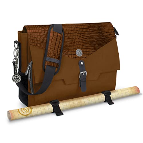 ENHANCE Collector's Edition RPG Player's Essentials DND Bag - Dragon Hide Exterior Messenger Bag Fits 2-4 Books, Binders, Dice & Accessories, with 17 inch Laptop Slot, Battlemap Straps (Dragon Brown) - color: Dragon Brown