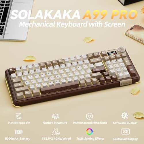 SOLAKAKA A99 Pro Mechanical Keyboard with LCD Screen & Metal Knob, Wireless Gaming Keyboard with BT5.0/2.4GHz/USB-C, Hot Swappable Creamy Keyboard, Gasket Structure, RGB Backlit, for Win/Mac - color: Milk Coffee Brown