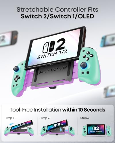 OIVO VGA DESIGN Switch Controller Handheld for 1/2/OLED, Ergonomic Grip Stretch Joypad for SW Console, Wireless Controller with TMR Joysticks, RGB Lighting, Turbo, 4 Macros & Card Slot - color: Green & Purple