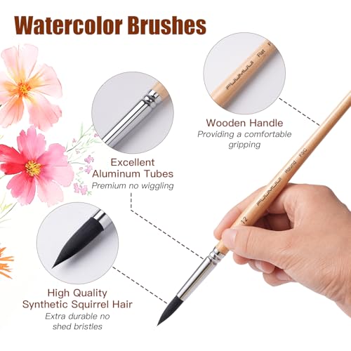 Watercolor Brush Set, Fuumuui 10pcs Professional Synthetic Squirrel Paint Brushes for Artists - Flat, Round Pointed, Dagger, Cats Tongue Oval Wash - color: Wooden