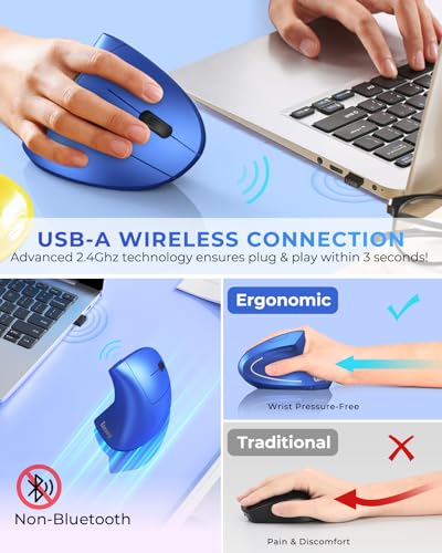 Lekvey Ergonomic Mouse, Vertical Wireless Mouse Rechargeable 2.4G USB Optical Carpal Tunnel Mice : 3 DPI 800/1200/1600 Levels 6 Buttons, for Laptop, PC, Mac, Computer, Desktop, Notebook etc, Blue - color: Blue