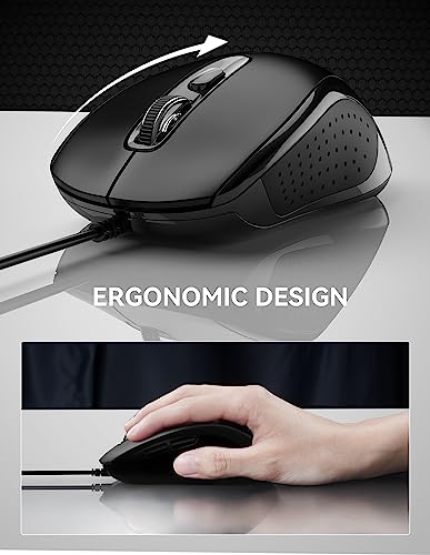 TECKNET Wired Mouse, USB Wired Computer Mice, 3600DPI 4 Adjustable Levels, 6-Button Ergonomic Mouse for Laptop PC Desktop Notebook - Black - color: Black