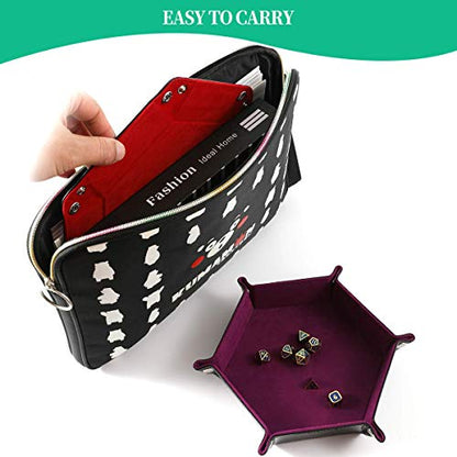 Grajar 2 Pcs Portable Folding Dice Rolling Tray Set for RPG DND Table Games - PU Leather and Velvet Holder Storage Box - Red and Violet - color: Red and Violet