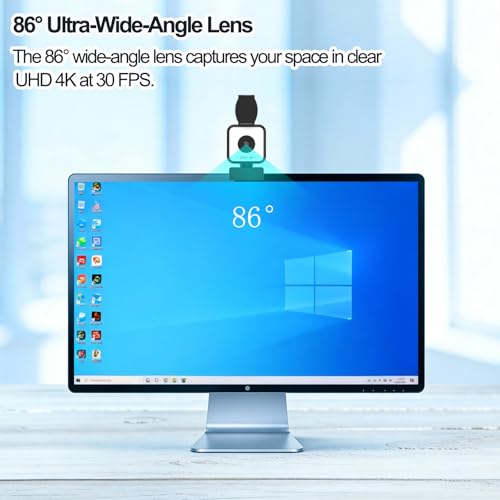 4K USB Webcam with Dual Microphones, 9X Hybrid Zoom, Auto Light Correction, 86° Wide Angle for Video Conferencing, Live Streaming, Remote Work, Compatible with PC Desktop Laptop