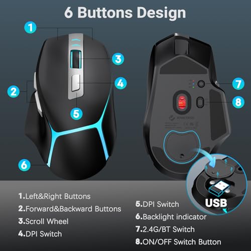 GAMCATZ Bluetooth Wireless Gaming Mouse,12500 DPI RGB Ergonomic Mouse with Tri-Mode (2.4G/USB-C/Wired), Rechargeable Gamer Mice for Computer, Mac, iPad, Laptop & PC (Black) - color: Black