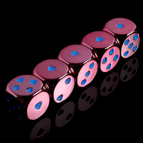 16mm Pink Metal Dice Set - 5-Piece Solid Iron Dice with Case, 6-Sided Metal Dice for Board Games, Poker Parties, Tabletop RPG, Geek Gifts - color: Pink