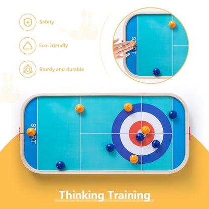 3-in-1 Wooden Tabletop Board Game - Portable Curling, Slingshot & Bowling Set for Kids & Family - Educational Montessori Toy, Screen-Free Indoor Fun, for Boys Girls Ages 3+