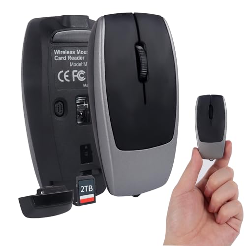 Mini Bluetooth Wireless Mouse with TF Card Reader, Rechargeable, Silent Click, Portable for Laptop, PC, Travel, Office & Home Use (Grey) - color: Grey