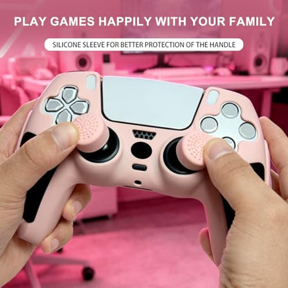 Anti-Slip Peach Pink PS5 Controller Skin,Soft Thicken Studded Protective Silicone Cover Skin Grips Compatible with PS5/Slim/Pro Controller and 8 PCS Thumb Grips Caps. - color: Peach Pink & Black