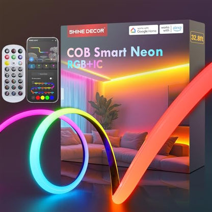 COB RGB+IC LED Neon Rope Light, 24V Color Changing Rope Light Compatible with Alexa, Google Assistant, Waterproof Neon Light Strip with Remote for Bedroom Gaming Room Party, 13x6mm, 32.8FT - size: 10m/32.8ft