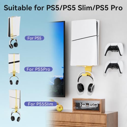 Wall Mount for PlayStation 5 Console | Heavy-Duty Steel, 2 Controller Holder, Headset Holder, Protection & Cooling - color: Sparkle Gold