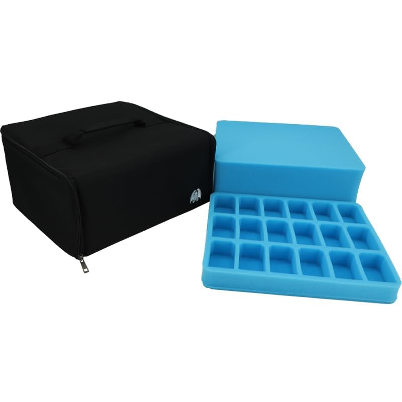 Miniature Storage Case - 18 Foam Slot and Large Pick and Pluck Foam Tray - Miniatures Carrying Cases with Handle - Mini Box for up to 50mm Bases - Model Hobby - Grinning Gargoyle