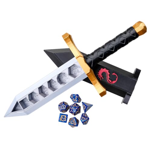 3D BEST-Q Dice Sword Holder (Dragon-Patterned 7PCS D20 Dice Set Included), Custom Polyhedral Dice Storage for Tabletop RPG - Dungeons and Dragons - DND - D&D (Gold) - color: Gold