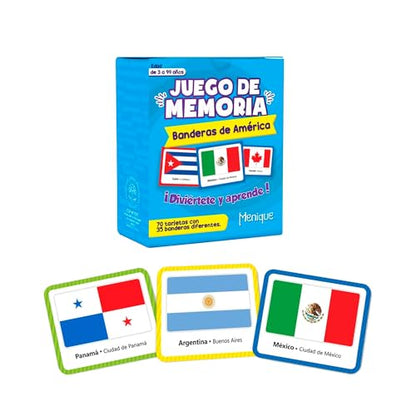 Menique Flags of the Americas Memory Matching Game – Spanish Edition – 70 Cards (35 Pairs) with Flags, Countries & Capitals – Educational Matching Game in Spanish for Kids and Adults