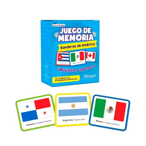 Menique Flags of the Americas Memory Matching Game – Spanish Edition – 70 Cards (35 Pairs) with Flags, Countries & Capitals – Educational Matching Game in Spanish for Kids and Adults