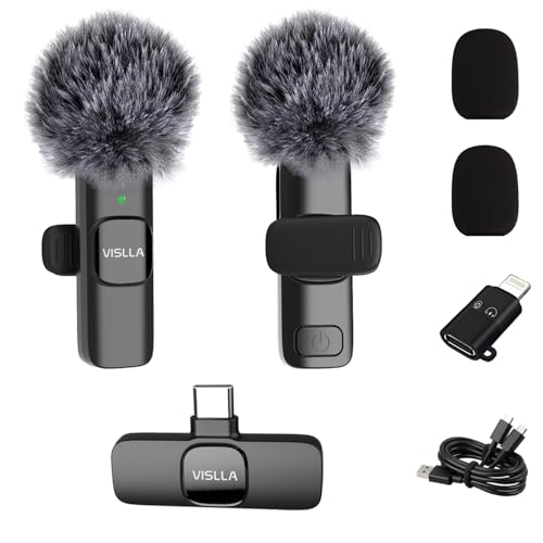 Vislla Mini Microphone for iPhone & Android,11H Battery, Noise Cancelling Wireless Lavalier Mic, Clip On Lapel Mic Pro for Content Creator Vlogging/YouTube/Tiktok/Video Recording/Streaming/Interview