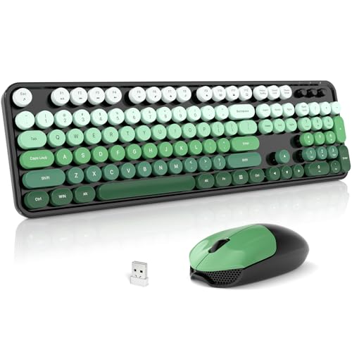 Wireless Keyboard and Mouse Combo, 2.4GHz Gradient Colorful Full-Size Retro Typewriter Keyboard with Wireless Mouse for PC/Desktop/Laptop/Windows (Black Green) - color: Black Green