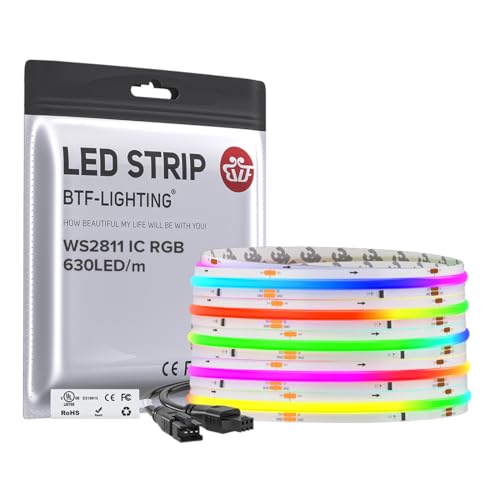 BTF-LIGHTING 16.4FT WS2811 Smart IC RGB DC24V FCOB COB LED Strip Light | UL Listed 630LEDs/m High Density Color Chasing Light 10mm Width for Home Party DIY Lighting(No Adapter or Controller) - color: White PCB, size: 16.4FT