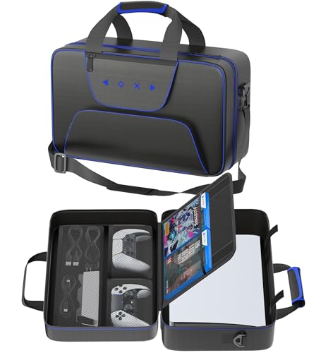 Carrying Case Compatible with PS5/Slim/Pro Disc & Digital, P S5 Travel Case for Play 5 Controllers, PS Portal, Game Discs, PS 5 Protective Travel Bag Play 5 Carry with Zipper Pocket, Black and Blue - color: Black & Blue