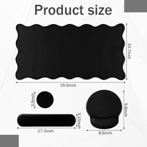 Sabary Scalloped Desk Mat Keyboard Mouse Pad Set 35.5 x 15.7 Inch Black Cute Aesthetic Preppy Table Mat Keyboard Wrist Rest Mouse Pad with Wrist Rest Coaster Ergonomic Non-Slip Waterproof Gaming Desk - color: Black, size: 35.5 x 15.7 Inch