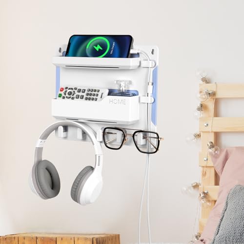 YONGAIJIA Bedside Wall Mount Shelf, Adhesive Bedside Organizer for Remote、Phone、Glasses. Bedside Accessories Storage Suitable for College Dorm 、bunk Bed 、 Bedroom、Rv（White） - color: White