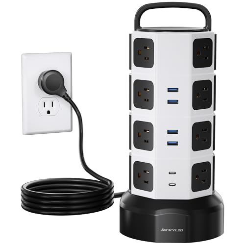 Power Strip Tower Surge Protector - JACKYLED 16 AC Outlets(13A) 6 USB Ports Electric Charging Station, 1050J Surge Electric Tower, 1625W Outlet Extender, 6.5ft Heavy Duty Extension Cord for Home - color: White Black, size: Large-6.5ft