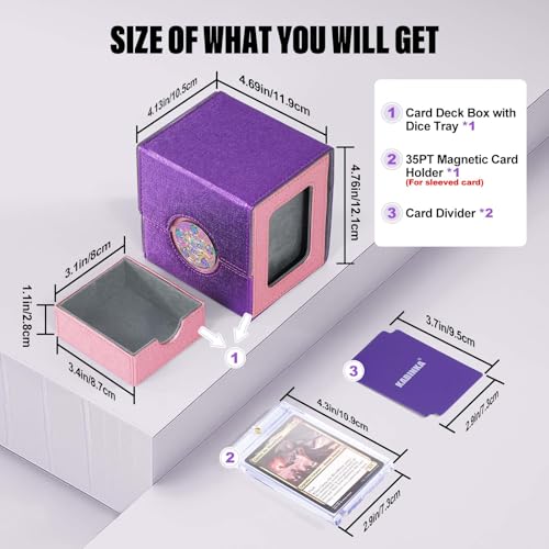 Kabinka Commander Deck Box for MTG with Metal Emblem, Card Deck Box with Dice Tray, Holds 100 Double-Sleeved Cards for TCG/PTCG, Cards Storage Case with 35PT Magnetic Card Holder (Pink& Purple, Lotus) - color: A4-Pink& Purple, Lotus