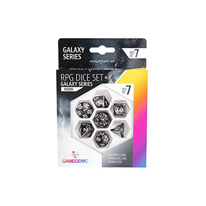 Gamegenic Galaxy Series Moon RPG Dice Set | Set of 7 Dice in a Variety of Sizes Designed for Roleplaying Games | Premium Quality Resin Dice | Cosmic Glittering Design | Black Color | Made by Gamegenic