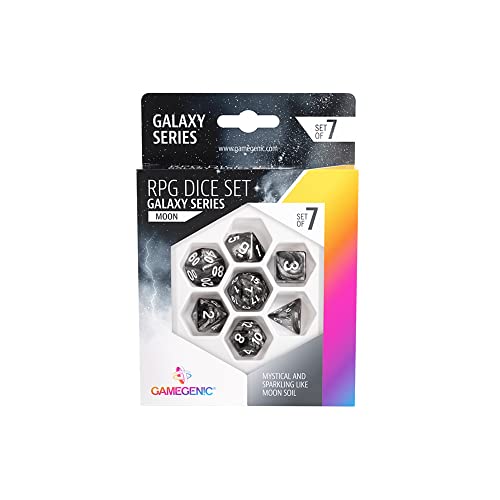 Gamegenic Galaxy Series Moon RPG Dice Set | Set of 7 Dice in a Variety of Sizes Designed for Roleplaying Games | Premium Quality Resin Dice | Cosmic Glittering Design | Black Color | Made by Gamegenic