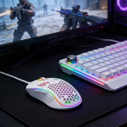 Wired Optical Gaming Mouse, Honeycomb Lightweight Body, RGB Breathing Light, 4‑Gear DPI Up to 7200, 6 Buttons Ergonomic Mouse for PC Laptop - color: White