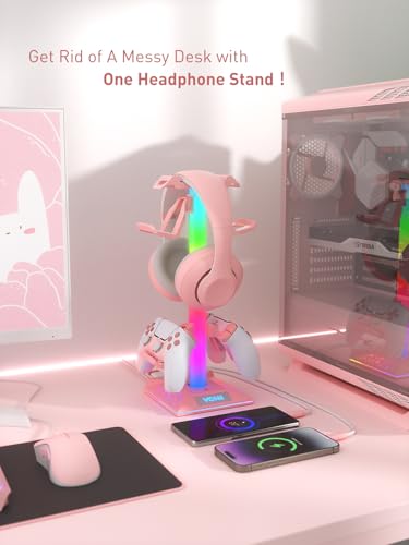 VCOM RGB Gaming Headphones Stand with 2 USB Ports, Pink Headset Stand with 10 Light Modes and Non-Slip Rubber, Suitable for PC Desk Accessories Gamers Gift(Pink) - color: Pink