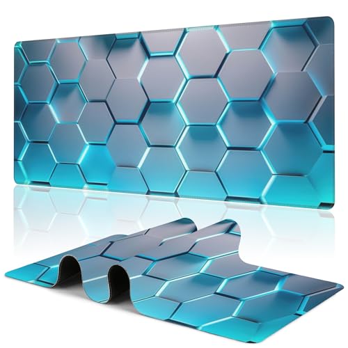 Gaming Mouse Pad,Honeycomb Hexagon Desk Mat,31.5""X15.7"" Large Desk Pad with Stitched Edge Non-Slip Base Keyboard Big Mouse Pad for Office Home Work Gaming-Blue, WDQ-D01 - color: Neon Hexagon