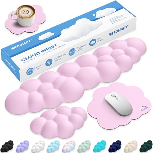 Cloud Wrist Rest Keyboard Cushion and Cloud Mouse Pad, Pink | 4-in-1 Ergonomic Cloud Keyboard Wrist Rest Set, Memory Foam, Arm Support for Palm, Cute Desk Accessory for PC Gaming Setup - color: 03 Pink, size: Full Size