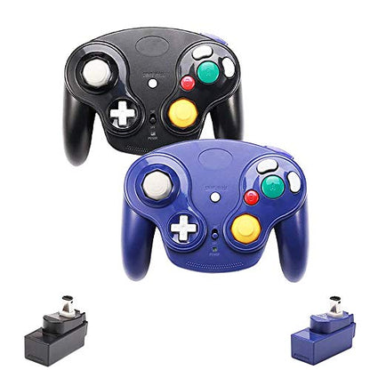 VTone Wireless Game Cube Controller, 2 Pieces 2.4G Wireless Classic Gamepad with Receiver Adapter for Wii Game Cube NGC GC (Black and Dark Blue)