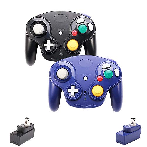 VTone Wireless Game Cube Controller, 2 Pieces 2.4G Wireless Classic Gamepad with Receiver Adapter for Wii Game Cube NGC GC (Black and Dark Blue)