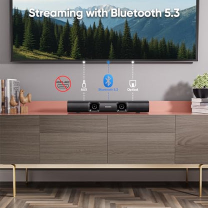 RIOWOIS Sound Bar with Subwoofer, Home Theater Surround System for TV PC | 5" Subwoofer, Bass Reflex Port, Support Optical/AUX/Bluetooth 5.3 Input, Adjustable Bass, Horn tweeter drive, Wall-mountable - size: 17-inch PLUS