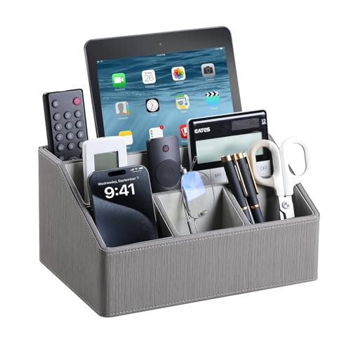 PU Leather Desk Organizer, Remote Control Holder, Grey | Luxury Nightstand Organizer for Home, Office Desk Accessories, Bedside Table Caddy with 5 Compartments, Velvet Lining - color: Grey