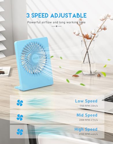 Zuvas Desk Fan Small Rechargeable Battery Table Fans for travel Ultra Quiet | 180° Tilt Folding, LED Dislay, Portable Fan Slim Design, 3 Speed Adjustable, for Office Bedroom Desktop, Cruise Essentials - color: Blue