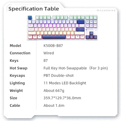 Machenike K500B-B87 75% TKL Mechanical Wired Gaming Keyboard, 87 Keys Compact Hot Swappable Linear Red Switch with Number Pad, Dynamic RGB Backlit, Anti-Ghosting, Double-Shot PBT Keycaps, White/Blue - color: White/Blue, size: Red Switch