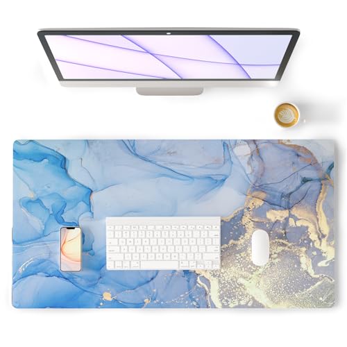 Colorful Star Blue Marble Leather Desk Mat, 31.5" x 11.8" | Waterproof Large Keyboard and Gaming Mouse Pads, Non-Slip Blotter Writing Pad, Desk Decor Accessories for Women & Men - color: Blue Gold Marble 01, size: 31.5" x 15.7"