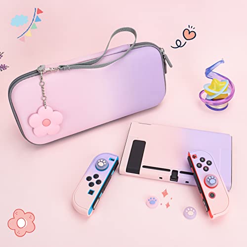 DLseego Pink and Purple Switch Case Set Gradient Carrying Case with 10 Slots Cute Protective Dockable Hard Shell with 4PCS Glitter Cat Paw Thumb Grips Caps and 1PC Flower Blossom Chain For Switch 2017 - color: Pink and Purple, size: Switch 1 6.3inch