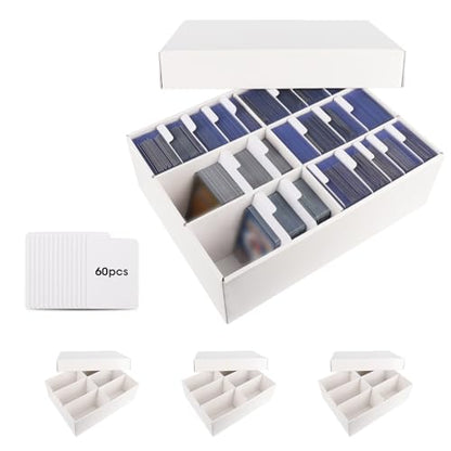 Trading Card Storage Box, 3-Row 3000-Count Card Organizer (4-Pack) | White Corrugated Cardboard Boxes With Dividers, 6-Grid Bulk Card Storage For Baseball/TCG/MTG/Sports/Top Loader Cards