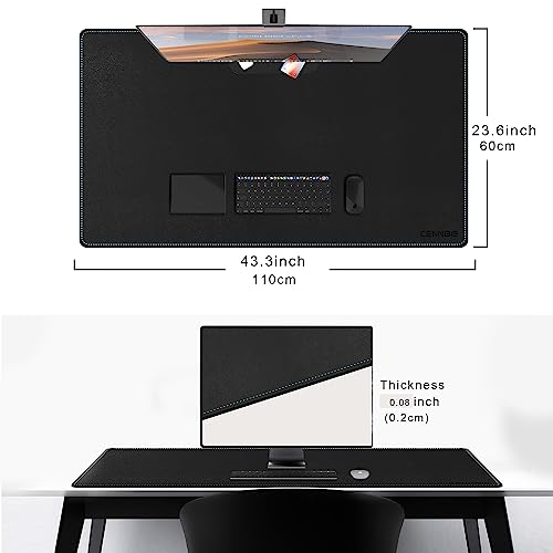 CENNBIE Leather Desk Mat Large, 43.6" x 23.6" Extended Mouse Pad (Black) | Premium stitched edges resist wear. Easy to clean. Protects desk from spills, stains ,scratches. Smooth glide. Office & home. - color: Black, size: 23.6" x 43.6"